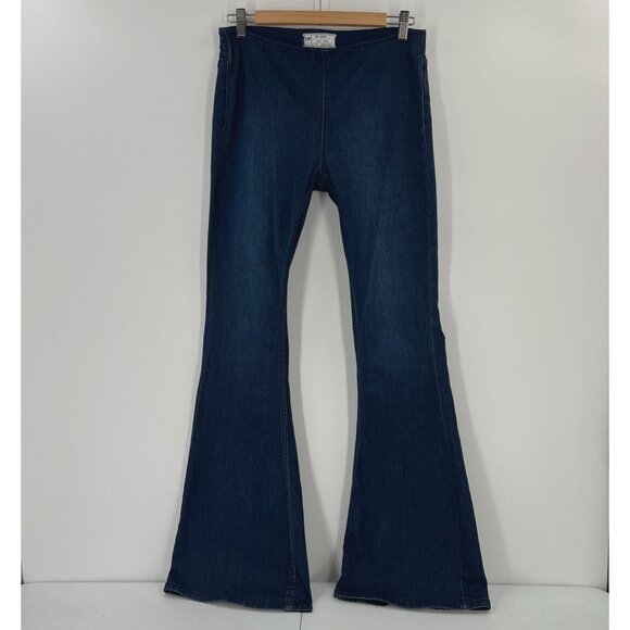 Free People W27 Penny Pull On Flare Jeans High Rise Dark Wash Bell Bottom - Picture 1 of 14